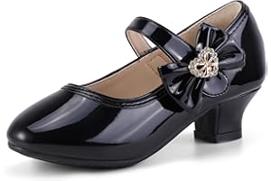 PANDANINJIA Christy Girls Heels Dress Shoes Mary Jane Rhinestone Bows Pumps Low Heel Princess Flower Wedding Party for Toddler Little Kid