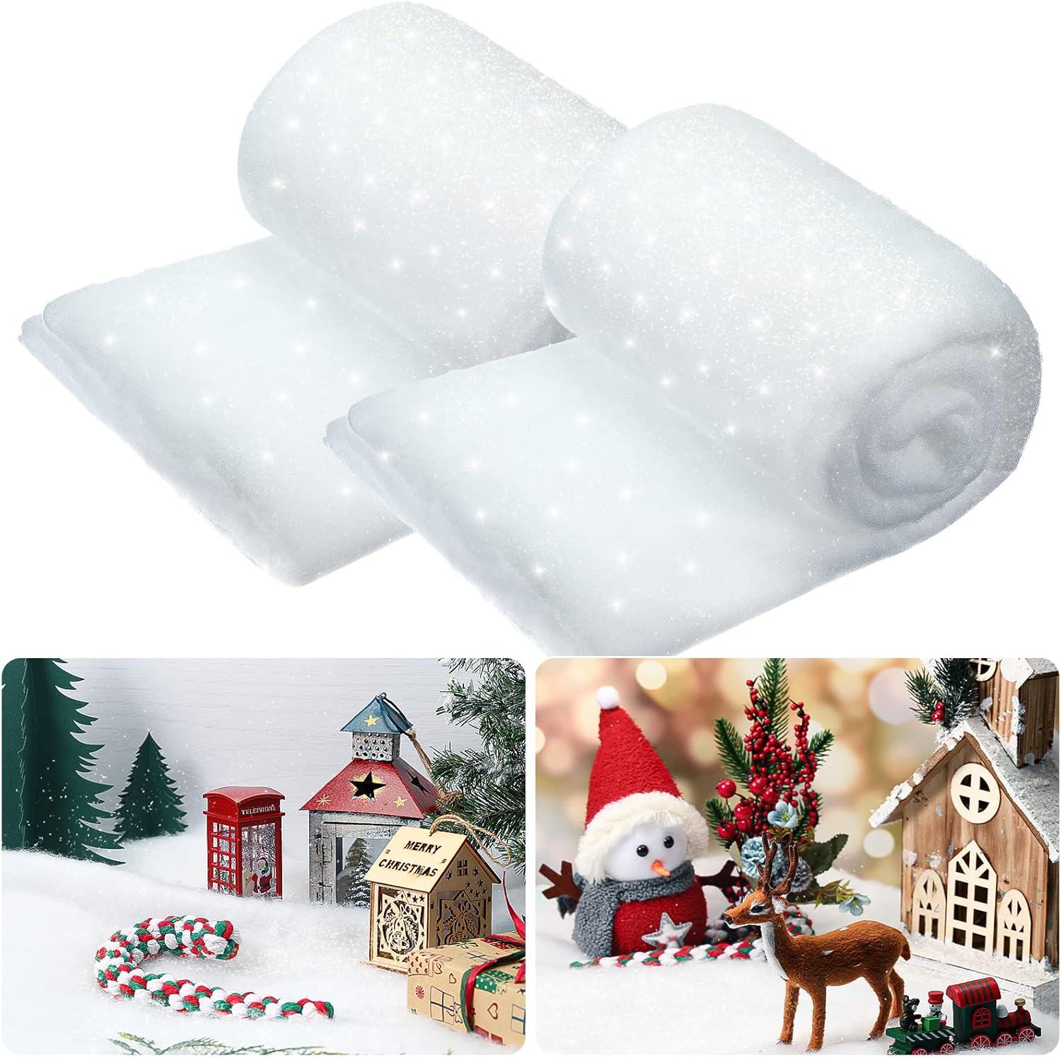 Artificial Snow - Christmas Snow Blanket Roll Glitter Snow Blanket Fake Snow Blankets for Christmas Village Artificial Snow Carpet Artificial Snow Blanket Fluffy Fake Snow for Xmas Decoration(2 Pack,2.6 x 7.8 Ft)