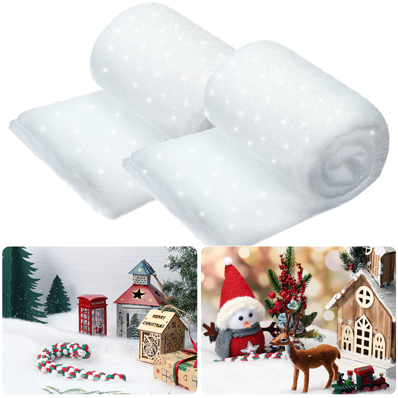 Hestya Christmas Snow Blanket Roll Glitter Snow Blanket Fake Snow Blanket for Christmas Village Artificial Snow Carpet Snow Blanket Fluffy Fake Snow for Xmas Decoration (2 Pack, 2.6 x 7.8 Ft)