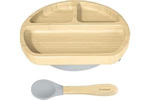Abiie Octopod Bamboo Dish - Kids Plates for 4 months and up, 3-Compartment Baby Plates with Suction, Triangle Bamboo Baby Plate, Mess-Free Toddler Suction Plates, Baby Feeding Supplies, 8.3x1.9x7.7 in