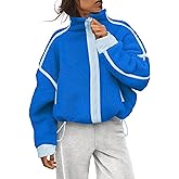 Creerer Womens Fleece Jacket Zip Up Long Sleeve Sherpa Jackets Trendy Contrast Coats Winter Outerwears with Pockets