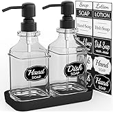 LMQML Soap Dispenser - 2 Pack, Antique Design Thick Glass Hand Soap Dispensers with Sturdy Tray; 304 Rust Proof Stainless Steel Black Pump, 12Pcs Stickers, for Kitchen, Bathroom