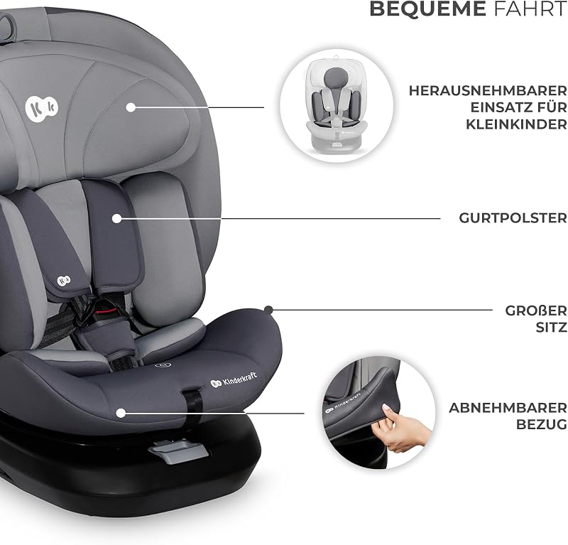 I-GROW Kindersitz 0-36 kg, I-SIZE 40-150 cm, 360 grad drehbar, Kinderautositz mit Isofix station, FWF und RWF, Verstellbare Kopfstütze/Rückenlehne mit Liegeposition, Grau