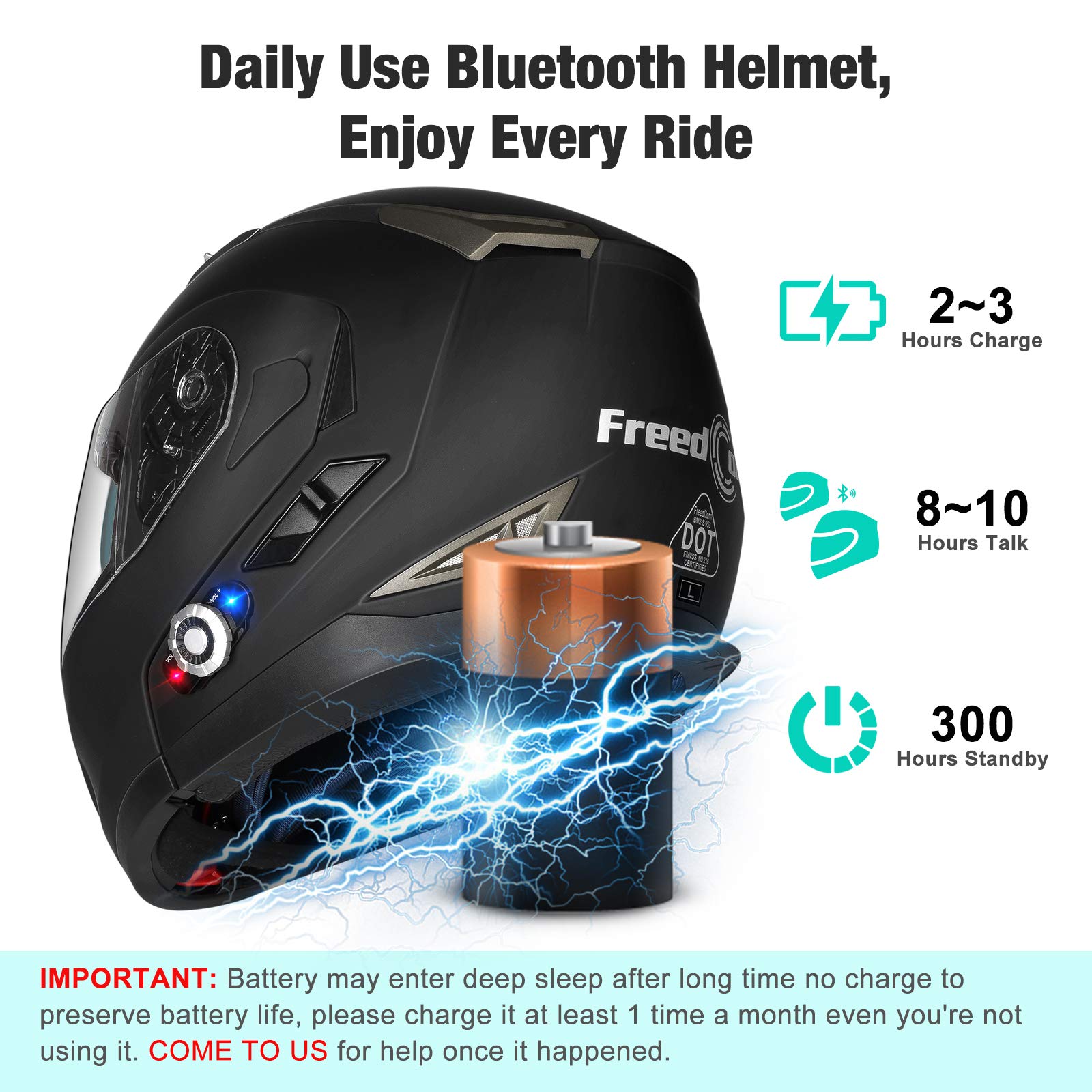FreedConn BM2-S Bluetooth Motorcycle Helmet, Flip-Up Modular Motorbike Helmet, 500M Connectivity for 2-3 Riders, Voice Dial, Hands-Free Call, MP3, FM, DOT Certified ( Medium, Matte Black)