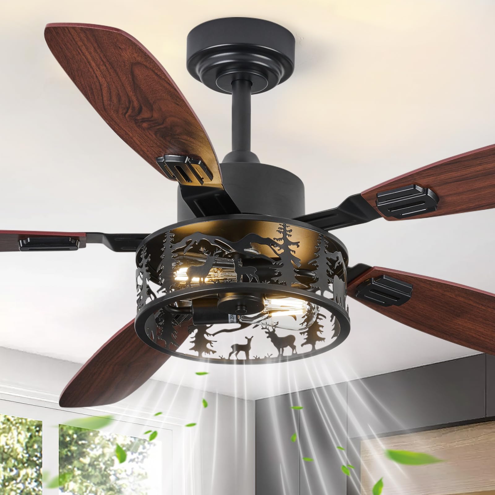 Photo 1 of Monyohame Farmhouse Rustic Ceiling Fan with Light-Deer Bear Design, 6 Speeds Black Chandelier Fan Lights Fixtures and Remote Control for Living Room, Bedroom, Entryway Lighting, Hallway