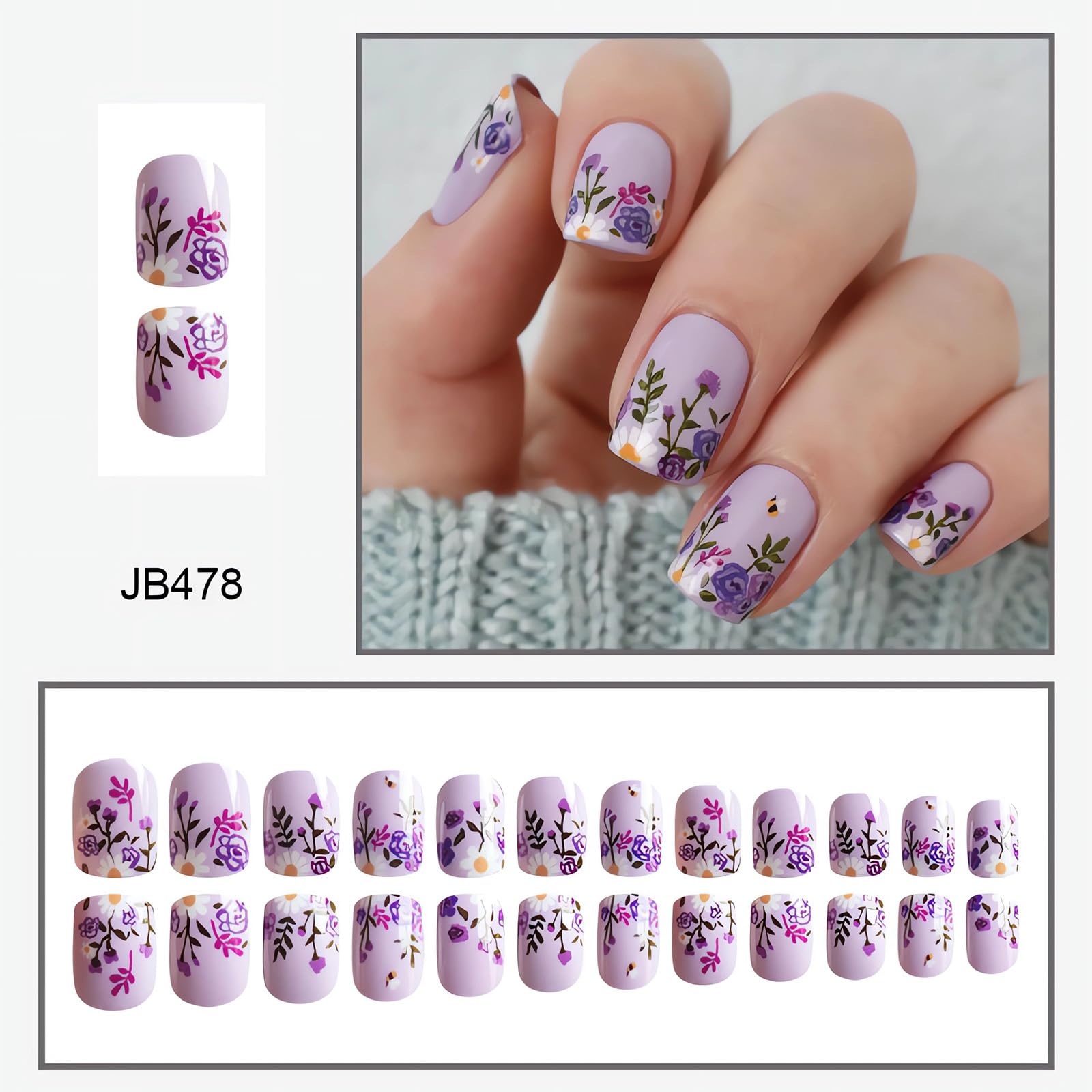 24Pcs Spring Flower Press on Nails Short Square Fake Nails Purple Flowers Glue on Nails Short Purple False Nails with Leaf Flower Designs Cute Floral Glue on Nails Summer Stick on Nails for Women - Image 2
