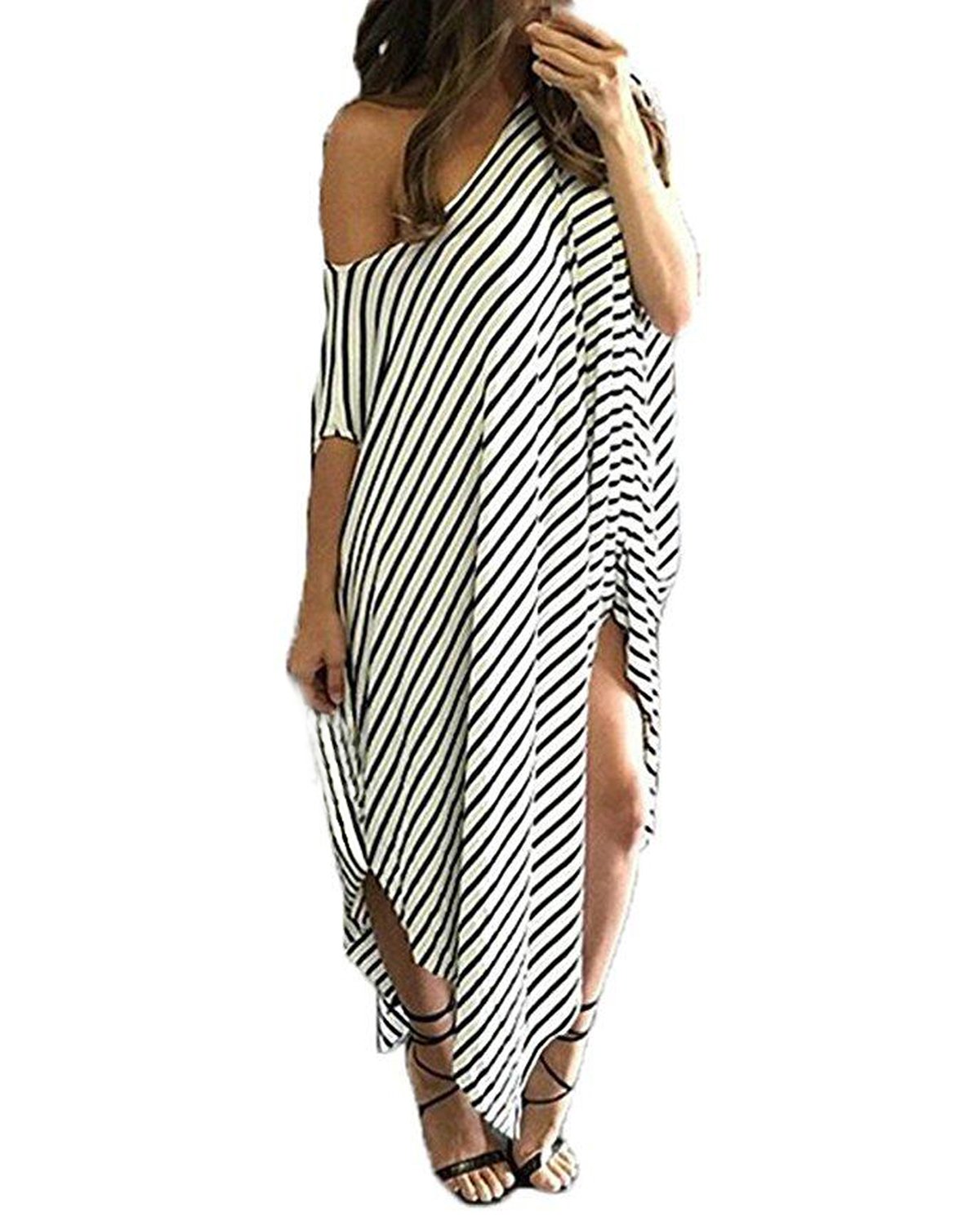 Kidsform Women Maxi Dress Striped Long Dresses Casual Loose Kaftan Oversized Round Neck Sundress 