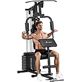 Soozier Multifunctional Smith Equipment, Home Gym Machine with 99lbs Weight Stack and LAT Pulldown Bar, Workout Equipment Sta