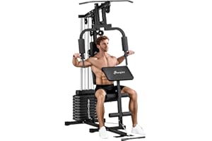 Soozier Multifunctional Smith Equipment, Home Gym Machine with 99lbs Weight Stack and LAT Pulldown Bar, Workout Equipment Sta