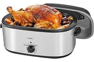 Sunvivi Roaster Oven with Self-Basting Lid, Electric Roaster with Removable Pan & Rack, 150-450°F Full-Range Temperature Control with Defrost/Warm Function, Stainless Steel, Silver