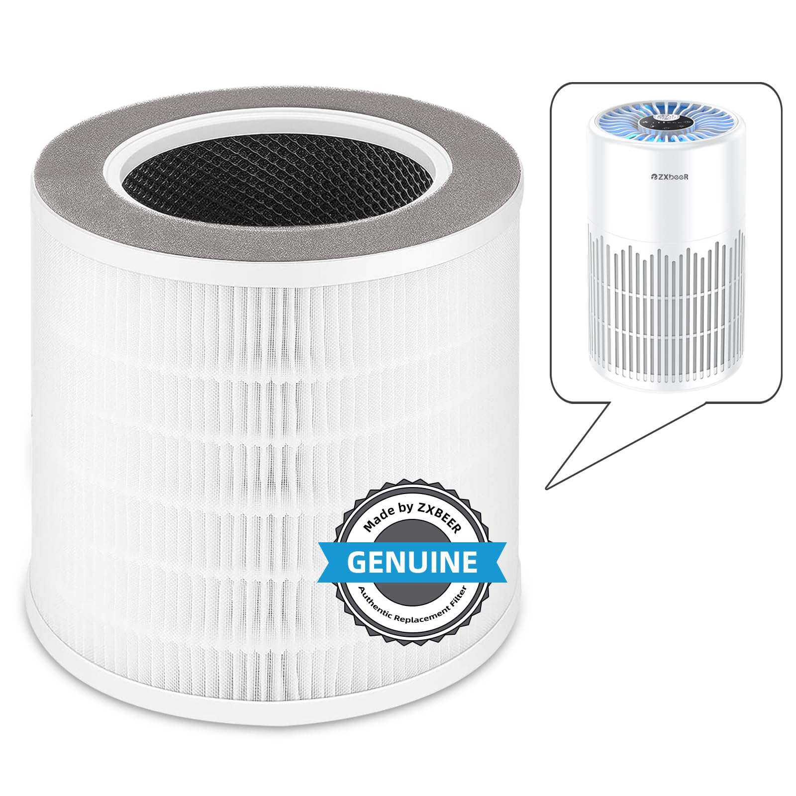 ZXBEER True HEPA Filter Compatible With Model ZXA101 Air Purifier, H13 True HEPA Air Cleaner 360° 3-stage Filtration, 3-in-1 High-efficiency