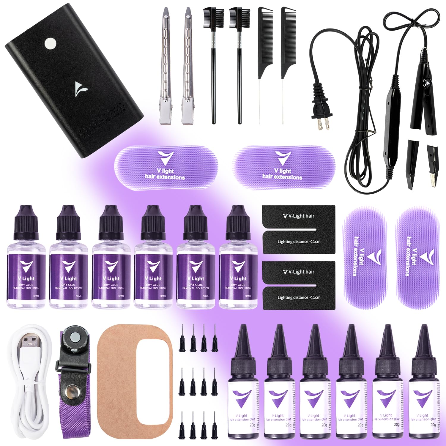 Photo 1 of V Light Hair Extension Kit, V Light Hair extension machine *1, V light remover machine * 1, V Light glue 20ml * 6, V Light glue remover 20ml * 6 (Black machine set)