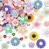 PONABEADIY 8 Styles 120PCS Resin Flower Beads Valentine Opaque Cabochons Colorful Assorted Daisy Sunflower Rose Charms Loose Spacer Bead Bulk for Jewelry Making Bracelet Necklace DIY Crafts Supply