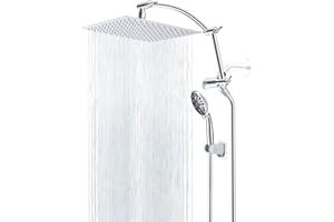 Hibbent All Metal Shower Head,10'' High Pressure Rain Shower Head/Handheld Showerhead Combo with 16'' Adjustable Arc-shaped Shower Extension Arm, 7-Spray, 71'' Hose Adhesive Showerhead Holder, Chrome