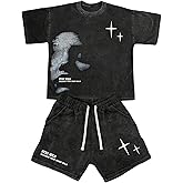 Verdusa Men's 2 Piece Hip Hop Letter Graphic Outfits Short Sleeve Tee Top and Shorts Tracksuit Set
