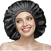 YFONG Double Layered 100% Silk Bonnet for Sleeping Women, 22 Momme Pure Mulberry Silk Sleep Shower Cap with Adjustable Elastic Band Stay On Head,Reduce Frizz (Black, XL)
