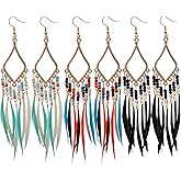 3 Pairs Bohemian Earrings for Women Long Beaded Feather Tassel Dangle Earrings Retro Multicolor Fringe Drop Earrings with Seed Beads Handmade Statement Jewelry Gift Set