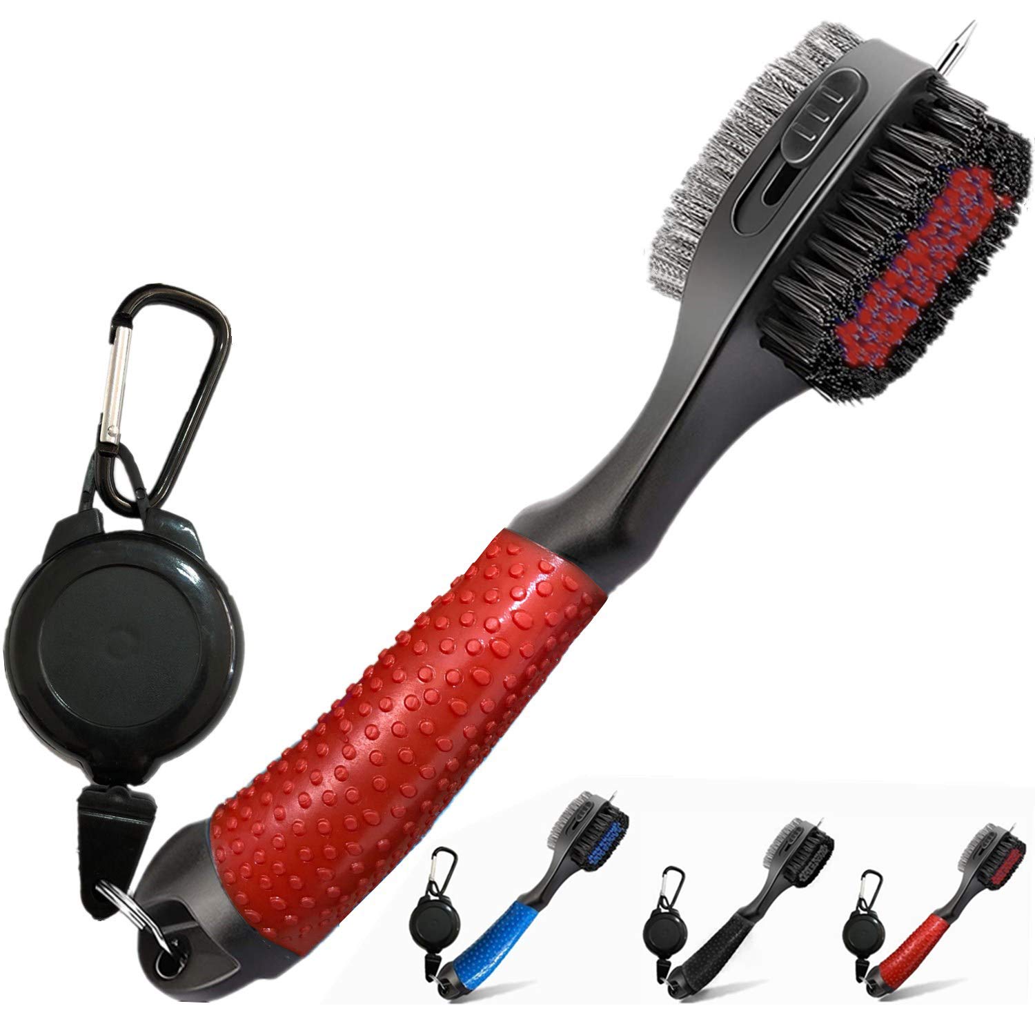FINGER TEN Golf Club Cleaner Brush Oversized Brush Head Double Sided Brush with Spike for Cleaning Club Groove Retractable Zip-Line Clip Easy to Use (Red-Wiithout Matnetic Clip)