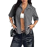 Luckydora Women's Cropped Plaid Shirt Y2K Short Sleeve Button Up Top Vintage Streetwear