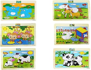 Emob Pack of 6 Wooden 20 Piece Jigsaw Animal Theme Puzzle Educational Game for Kids