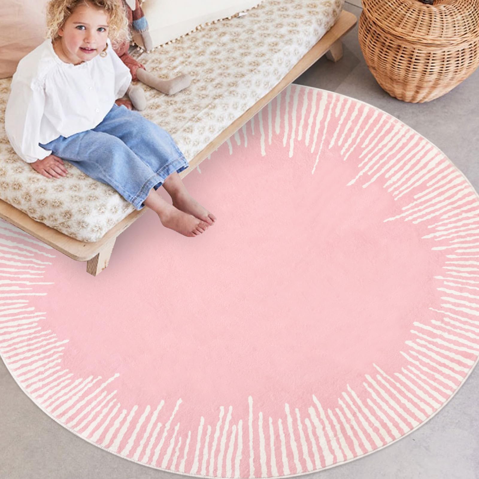 Photo 1 of **DIRT FROM TRANSPORT **Lacomfy Kids Rug - 4Ft Round Modern Abstract Area Rug for Girls, Chic Sunshine Pink, Nonslip Bedroom Carpet for Kids, Playroom, Living Room, Indoor Home Decor