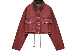 Megfie Womens Cropped Jacket Contrast Collar Utility Coat Cargo Jacket Barn Jacket Outwear with Pockets