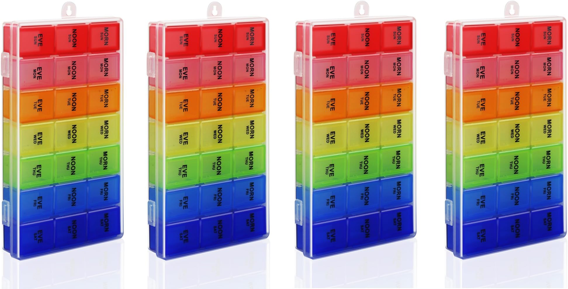 Rainbow Weekly Pill Organizer with Snap Lids| 7-Day AM/PM | Detachable Compartments for Pills, Vitamin. (Rainbow 4pcs)
