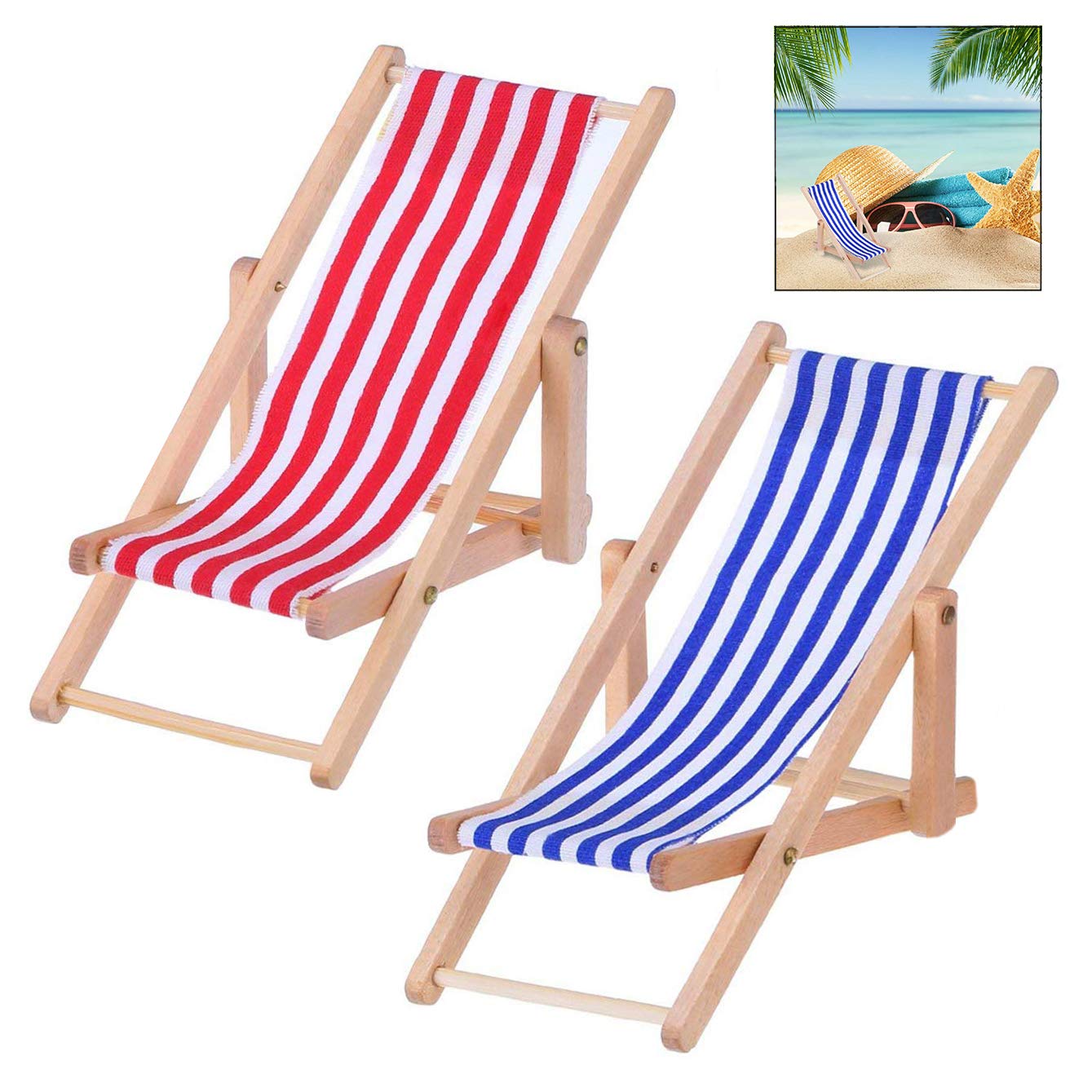 iwobi 2 Pcs Beach Style Chair,Mini Foldable Wooden Beach Chair,Miniature Summer Deck Chair,Doll Lounge Chair with Red/Blue Stripe Dollhouse Decoration