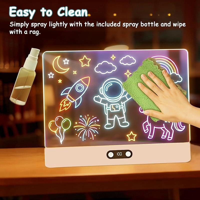 Planche à dessin LED,Tableau lumineux LED Enfants Rechargeable,35 x 26 cm,8 Couleurs et 3 Modes,Tablette lumineuse Dessin Enfant avec Support Intégré,Cadeau Créatif pour Enfants-Blanc — photo 7 sur 8