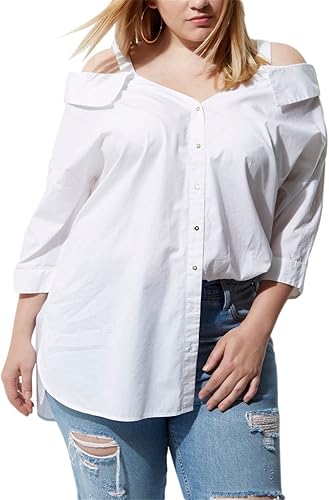 Plus Size 3/4 Sleeve Button Front Curved Hem Cold Open Shoulder Blouse Shirt Top White US 22 at 