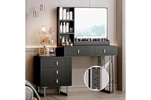 YYJ Large Vanity Desk with 3 Color Touch Screen Dimming Mirror, Vanity Desk with Charging Station, Modern Retractable Makeup Dressing Table, Vanity Table With storage shelves and 5 Sliding Drawers, Black