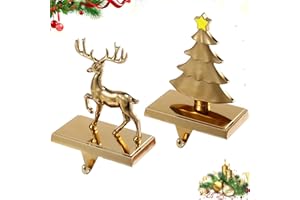 YUOKWER Gold Reindeer Christmas Stocking Holder for Mantle Set of 2，Deer and Tree Stocking Holder Set for Fireplace -Metal Tree Stocking Hanger for Mantel and Christmas Party Decoration (New Deer Set)