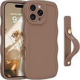 GUAGUA for iPhone 16 Pro Case with Wrist Strap, iPhone 16 Pro Wavy Phone Case, Cute Curly Wave Shape with Adjustable Wristband Kickstand Shockproof Anti Slip Cases for iPhone 16 Pro 6.3'', Brown