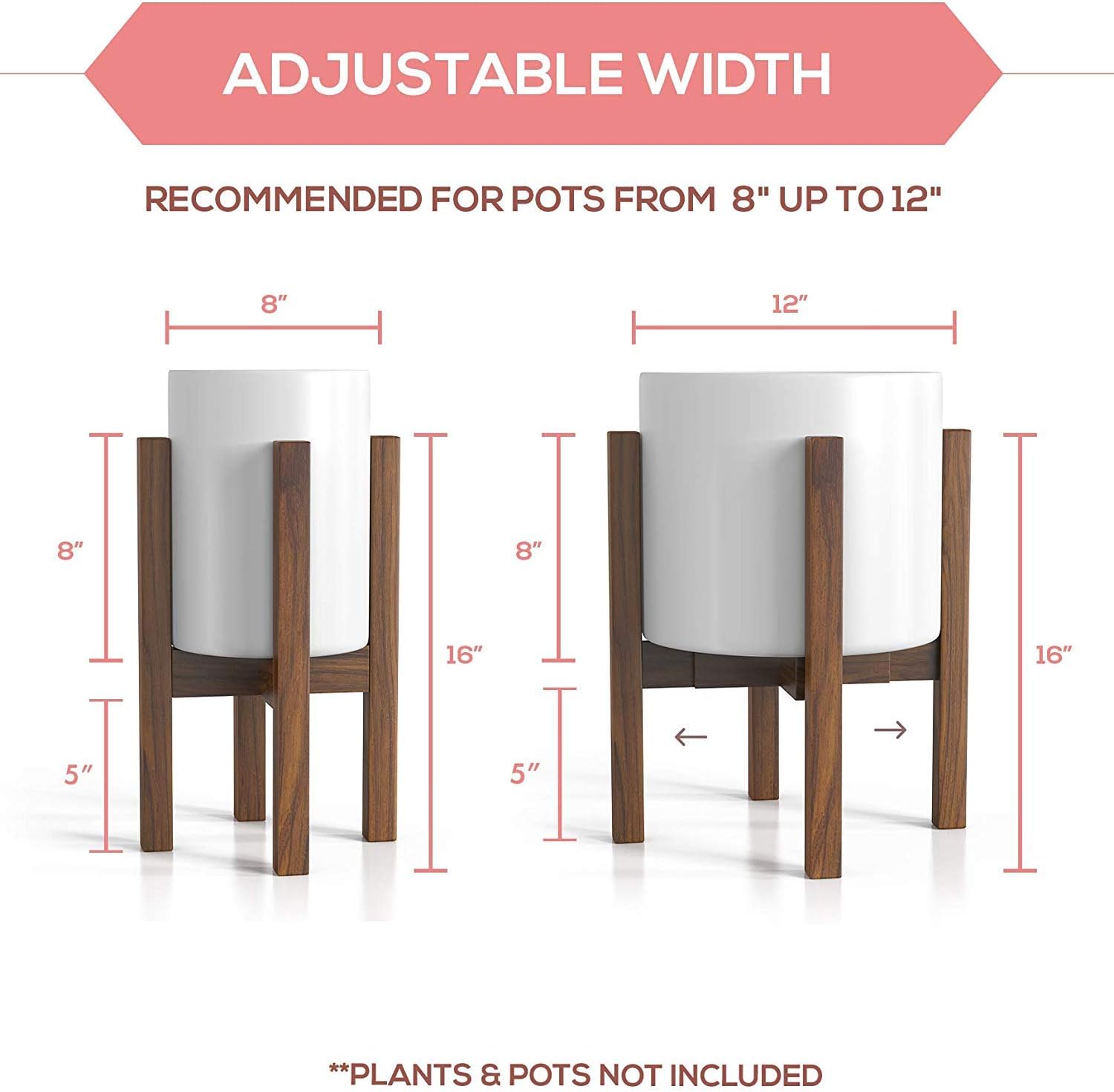 Mid Century Plant Stand - Adjustable Modern Indoor Plant Holder - Brown Planter Fits Medium & Large Pots Sizes 8 9 10 11 12 inches (Not Included) (Adjustable Width: 8-12" x 16" Tall, Dark Brown) : Garden & Outdoor