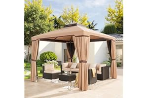 SUNCROWN 10 x 10 FT Outdoor Gazebo for Patio Iron Frame Garden Permanent Gazebo with Vented Soft Canopy and Mosquito Netting, Khaki