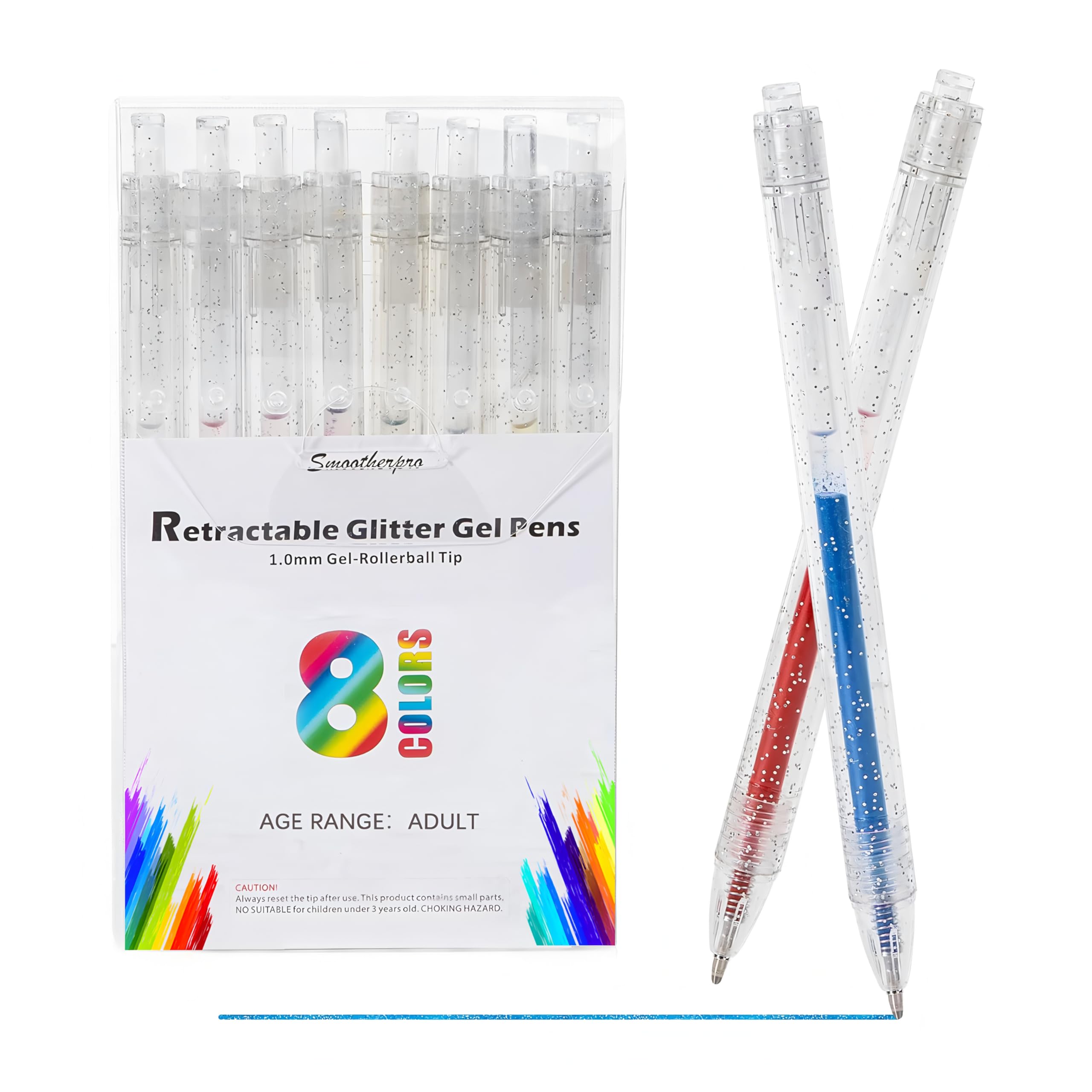 SMOOTHERPRO Glitter Retractable Gel Pens | Set of 8 | Glitter Colored Pen | for Adults and Kids Journaling Coloring Drawing and Doodling (GRP008) | 1.0mm Tip | 8 Colors