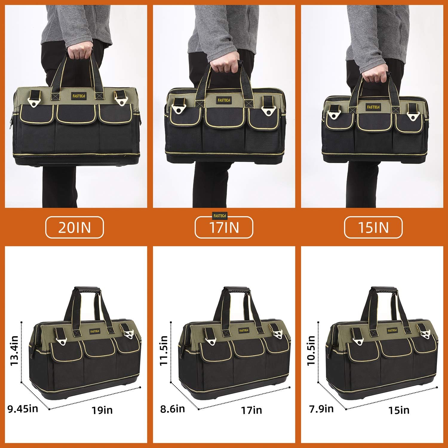 FASTECH 17-inch Wide Mouth Tool Bag with Water Proof Molded Base，Wide Mouth Tool Tote Bag, Waterproof Tool Organizer Bag for Men with Adjustable Shoulder Strap (17 inch) - - 