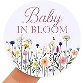 Baby in Bloom Floral Flower Themed Baby Shower Stickers, 1.6 Inch Round Gender Reveal Girl or Boy Babyshower Labels (120pcs