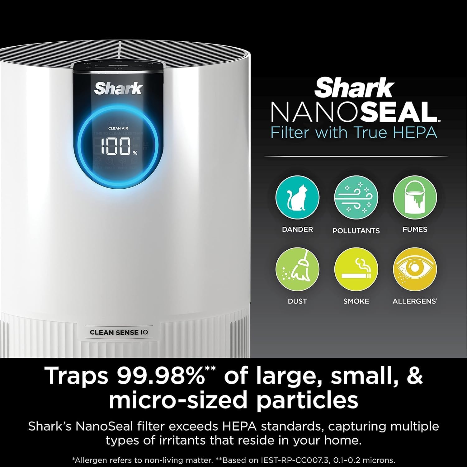 Shark HP200 Air Purifier MAX with Nanoseal HEPA, Cleansense IQ, Odor Lock, Cleans up to 1000 Sq. ft. and 99.98% of Particles, Dust, Allergens, Smoke, 0.1–0.2 Microns, White (Renewed)