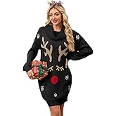 SunnyMelody Womens Christmas Funny Ugly Sweater Dress Winter 2025 Vacation Outfits Oversized Turtleneck Xmas Mini Dresses