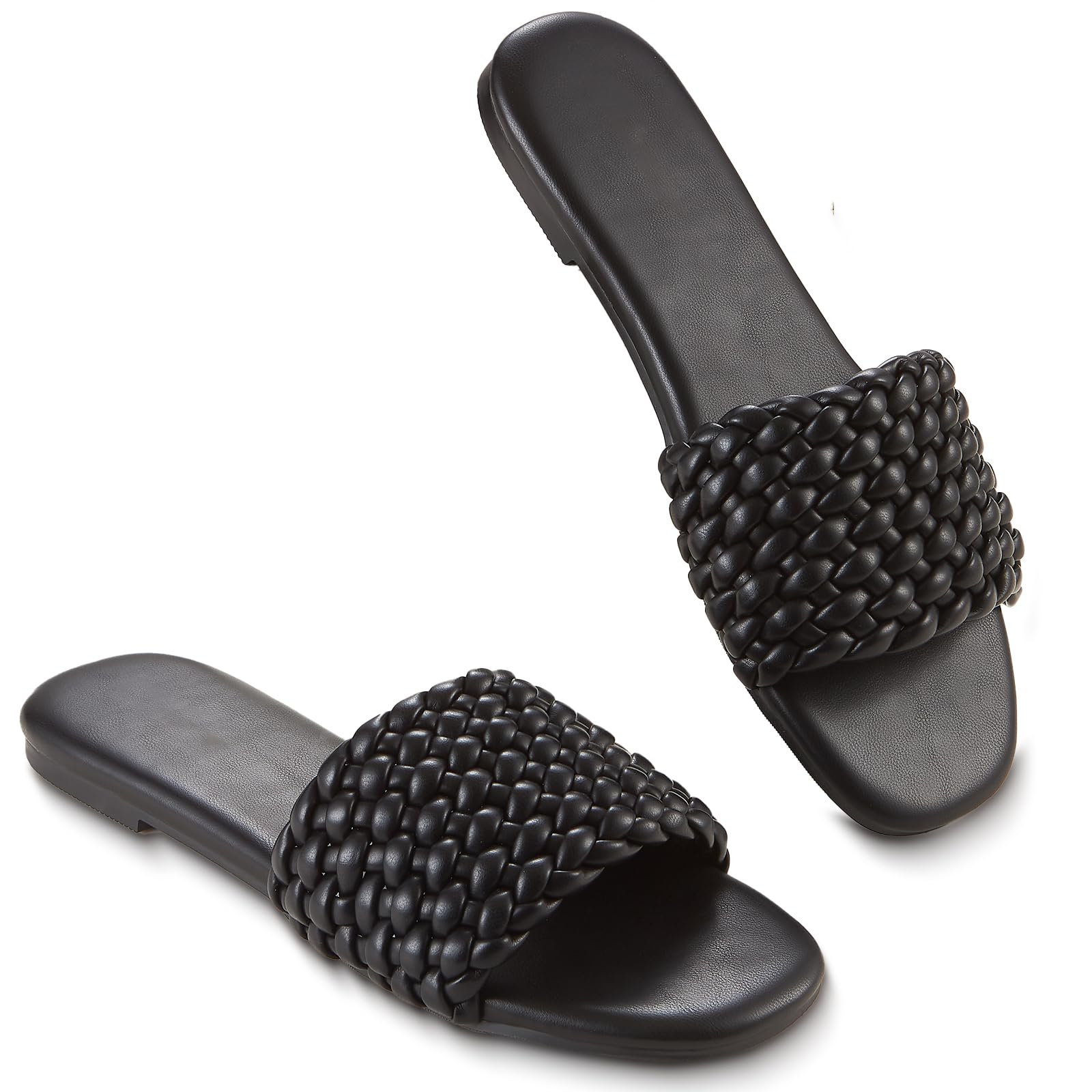 KENMITDY Womens Flat Sandals Braided Round Open Toe Slip On Slides Sandals for Summer Dressy Comfortable Beach Cute Leather 2025