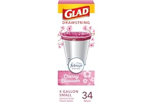 Glad Small Trash Bags 4 Gallon, Febreze Cherry Blossom Garbage Bags, Odor Resistant with Drawstring, 34 Count