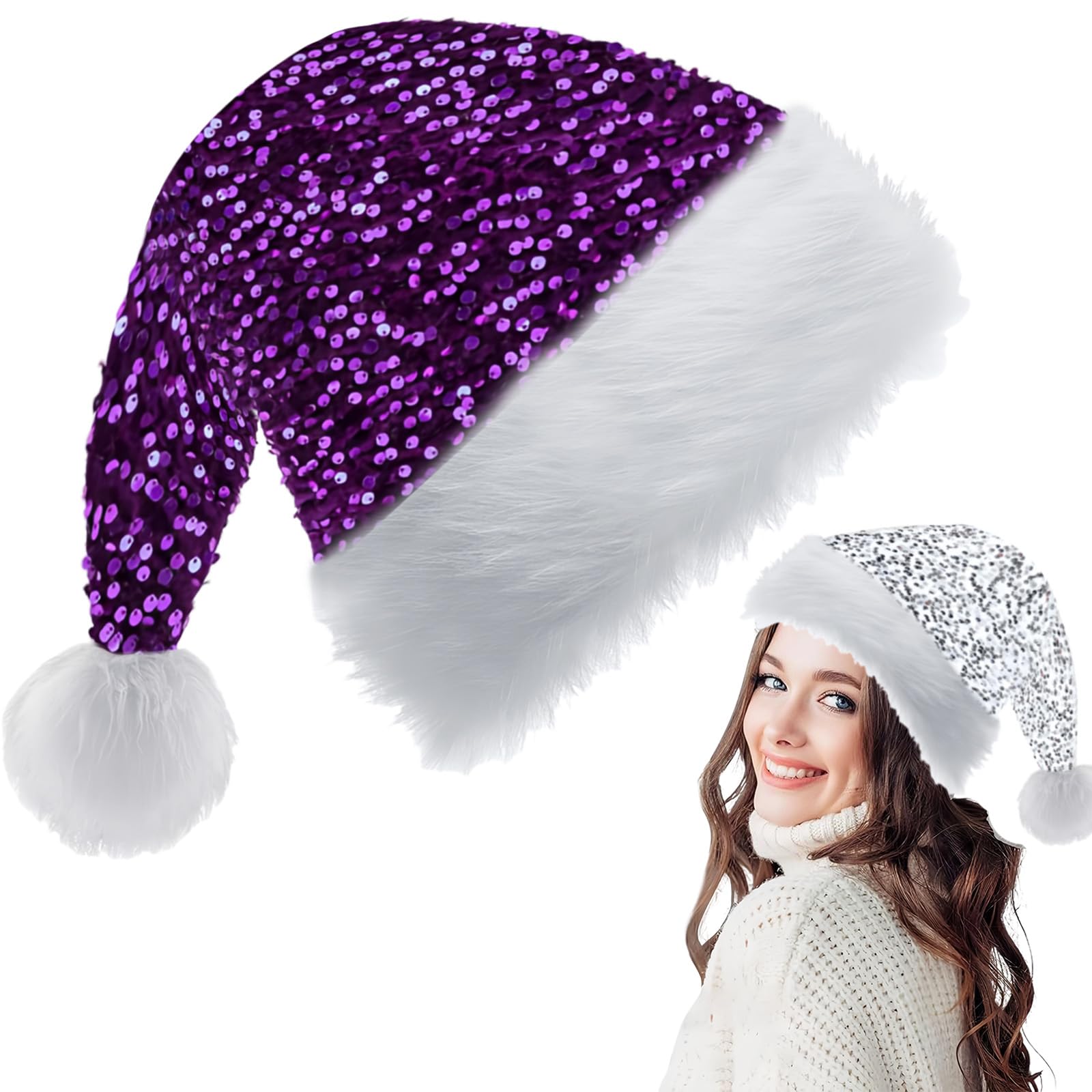 Purple Santa Hat Christmas Hats 35*45cm for Adults,Kids,Shiny Sequin Xmas Hat Plush Santa Claus Hat,Unisex Velvet Father Christmas Hat Costume,Christmas Party Hats Cap for Xmas New Year Party Gift