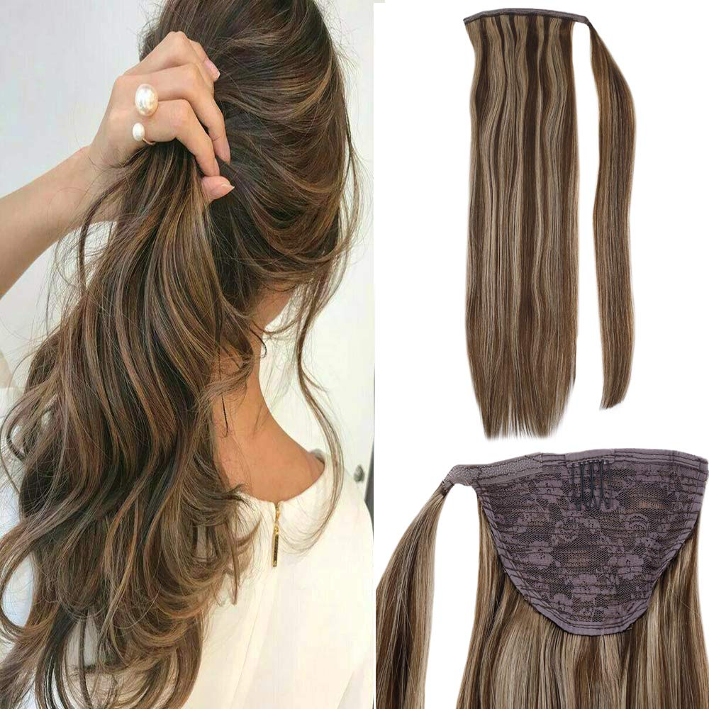 Laavoo 22 100g Wrap Around Ponytail Human Hair Highlighted Dark