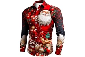 Christmas Shirts for Men Santa Claus Party Funny Shirt Long Sleeve Button up Xmas Tree Snowflake Novelty Graphic Top
