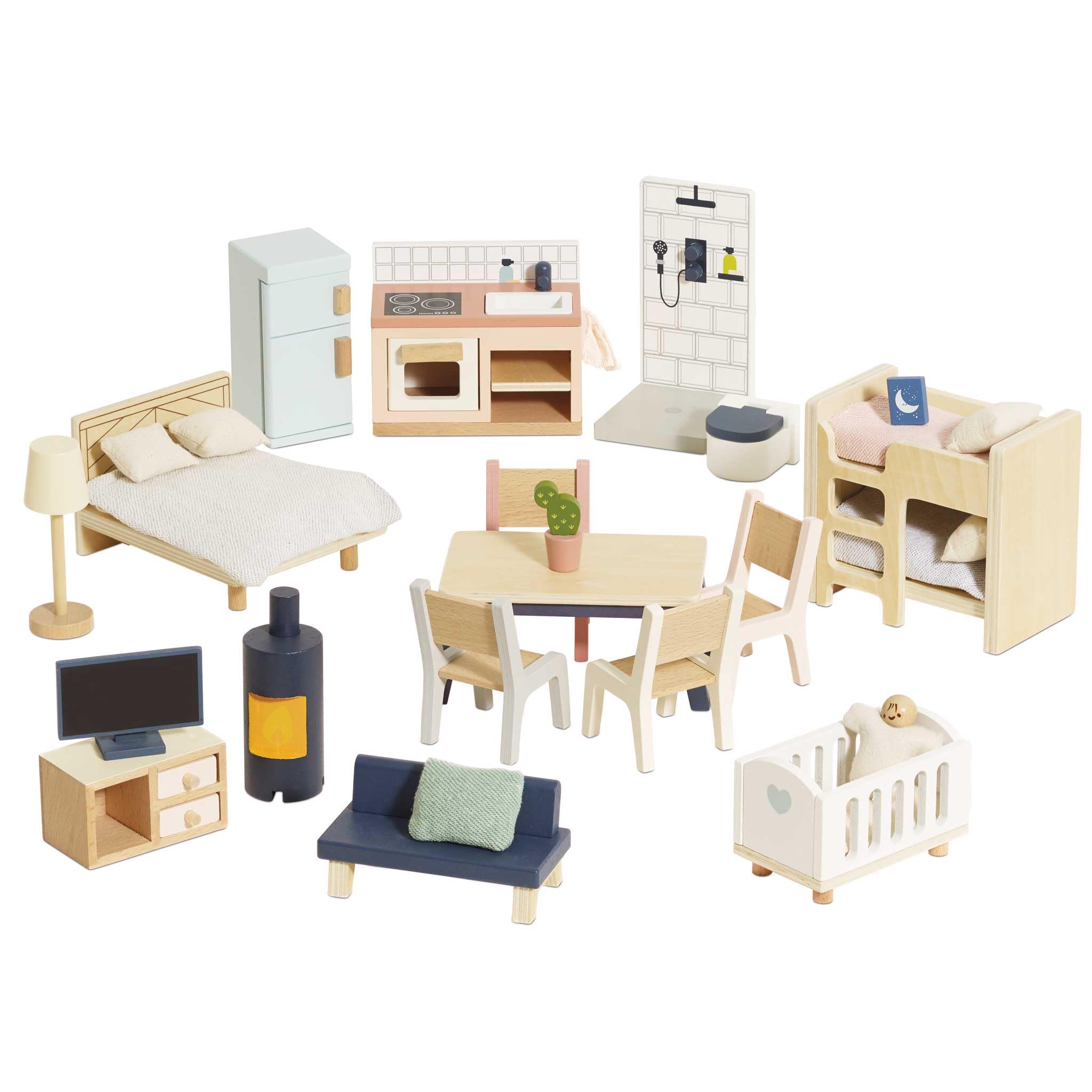 Le Toy Van Wooden Doll's House Starter Furniture Set With Bed Kitchen Dining Table Cot Pram Cabinet Plant Lamp 37 Pieces