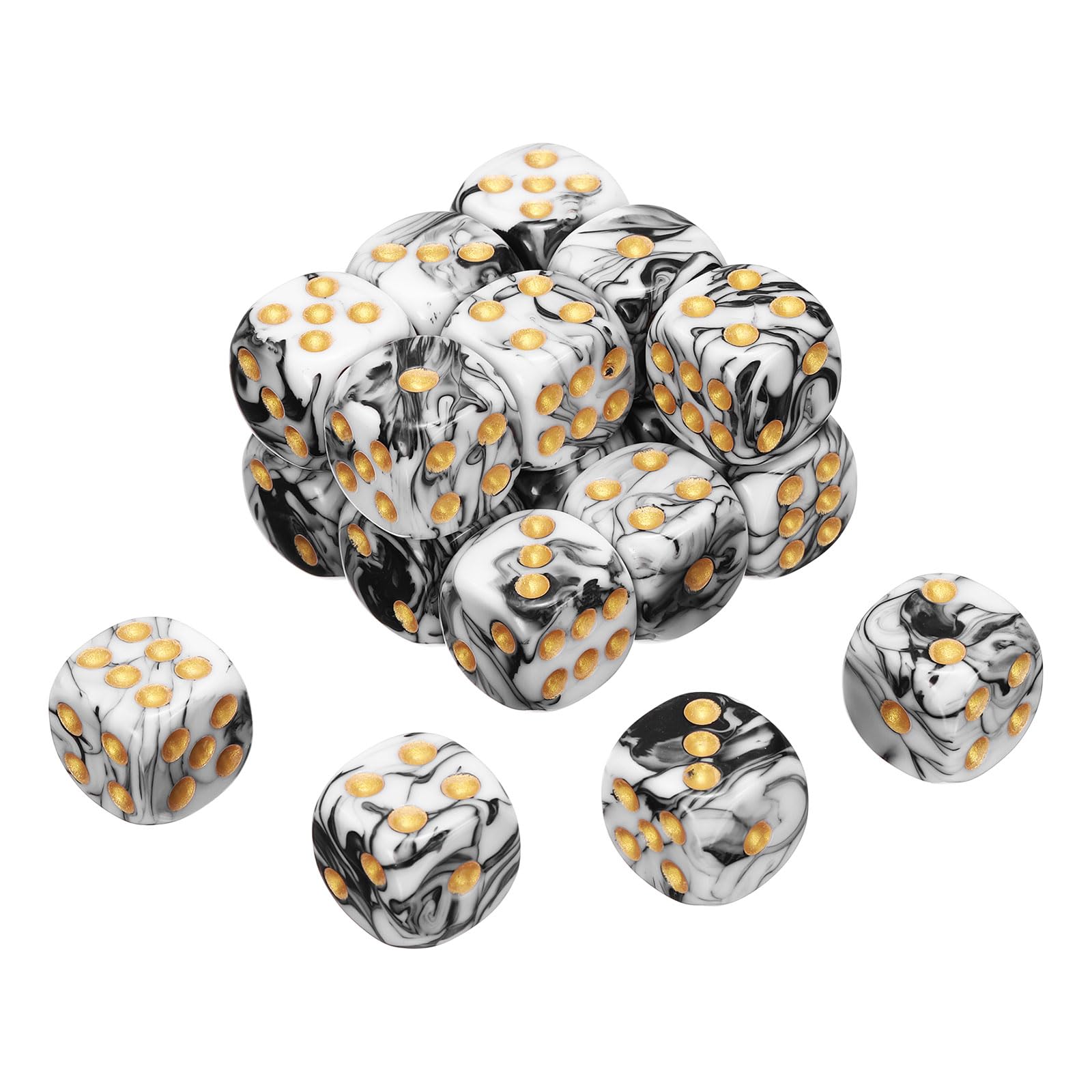 sourcing map 20Pcs 6 Sided Colored Standard Dice, 16mm Acrylic D6 Mini Polyhedral Pearl Pattern Two Tone Colors Game Dice Set for Table Games, Black/White, Gold Point — image 1
