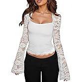 Women's Lace Sleeves Square Neck Top, Sheer Bell Long Sleeve Crop Shirt Double Lined Fitted Y2k Going Out Outfits