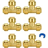 SUNGATOR 6-Pack 1/2-Inch Push Fit Plumbing Tee, Push-to-Connect Plumbing Fittings, Brass Pipe Connector T Fittings for Copper