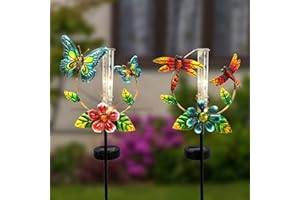 ALLADINBOX 2 Set 31.5inch Solar Powered Metal Rain Gauge Butterfly and Dragonfly with PVC Tubes for Garden Yard Deck Outdoors Fence Decoration